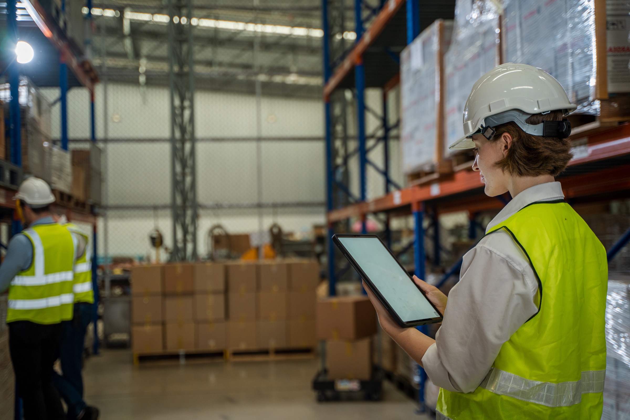 A warehouse operations lead reviewing a building walkthrough on a tablet
