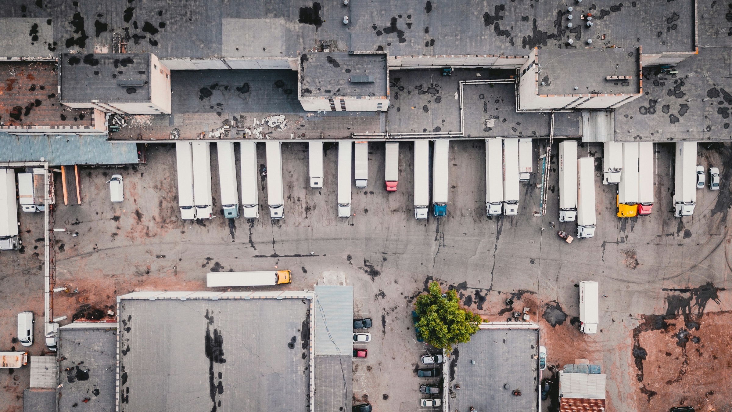 Overhead view of a row of trailers backed into a warehouse's dock doors