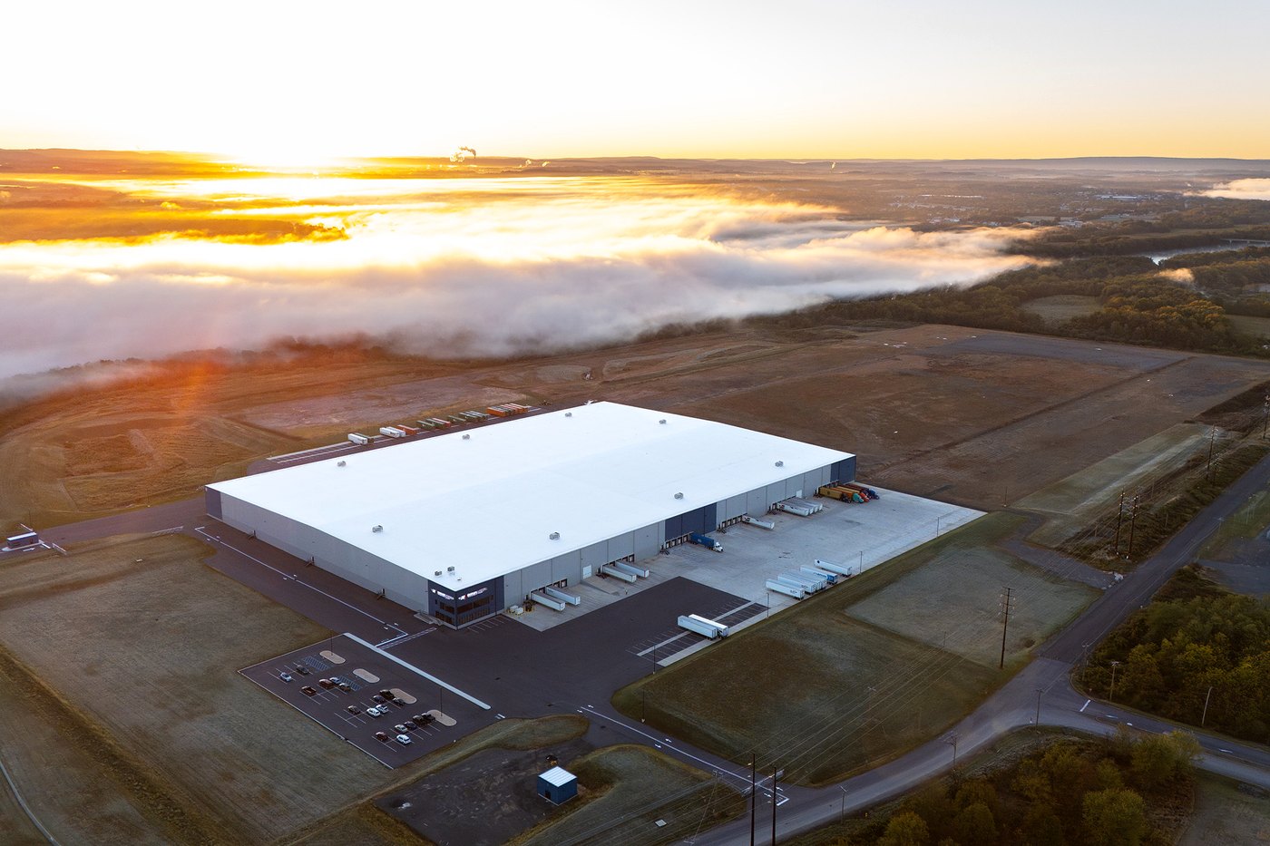 Aerial view of the Moran Logistics warehouse in Allenwood, Pennsylvania at sunrise