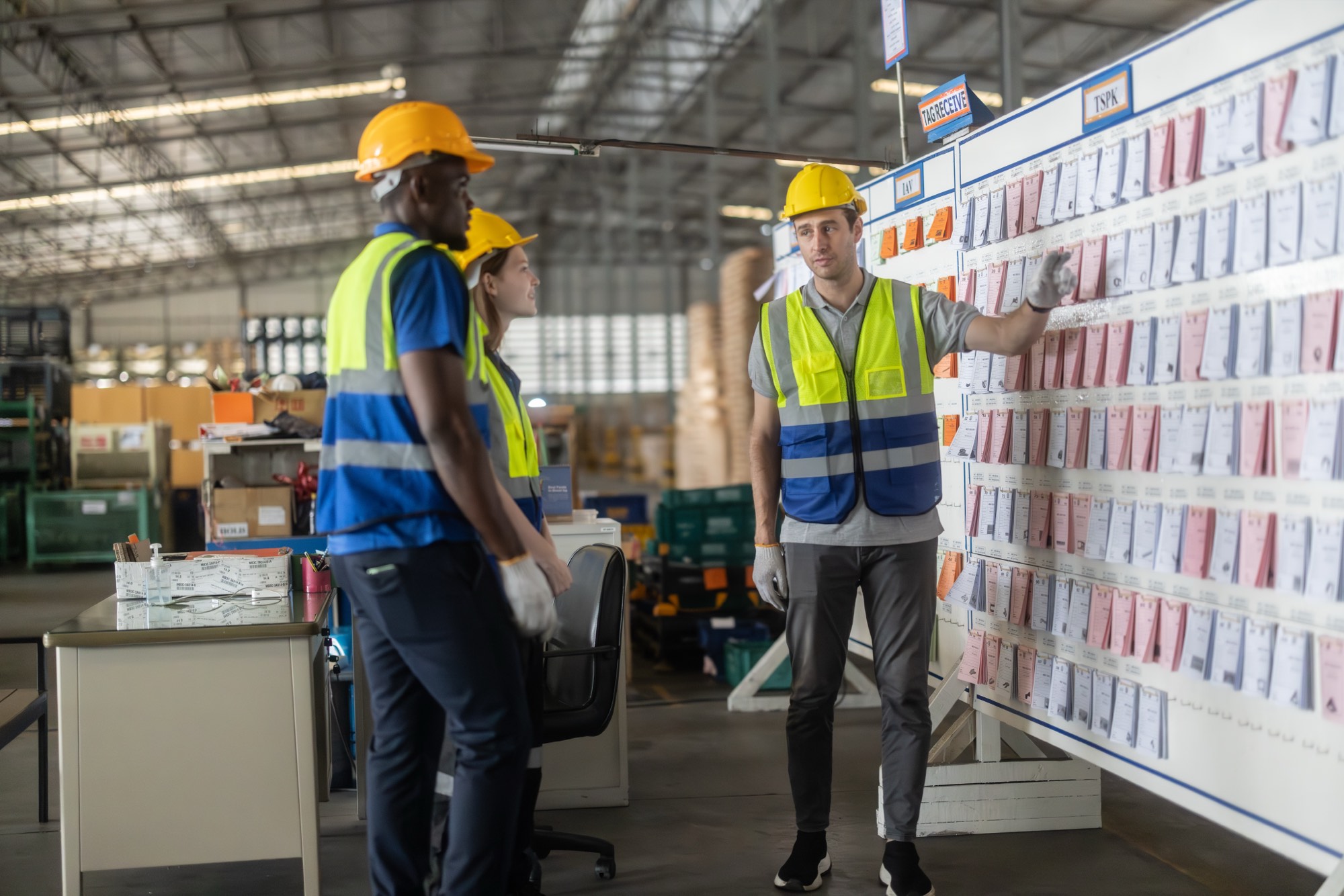Warehouse supervisors working a wall of paper job tickets slotted into racks