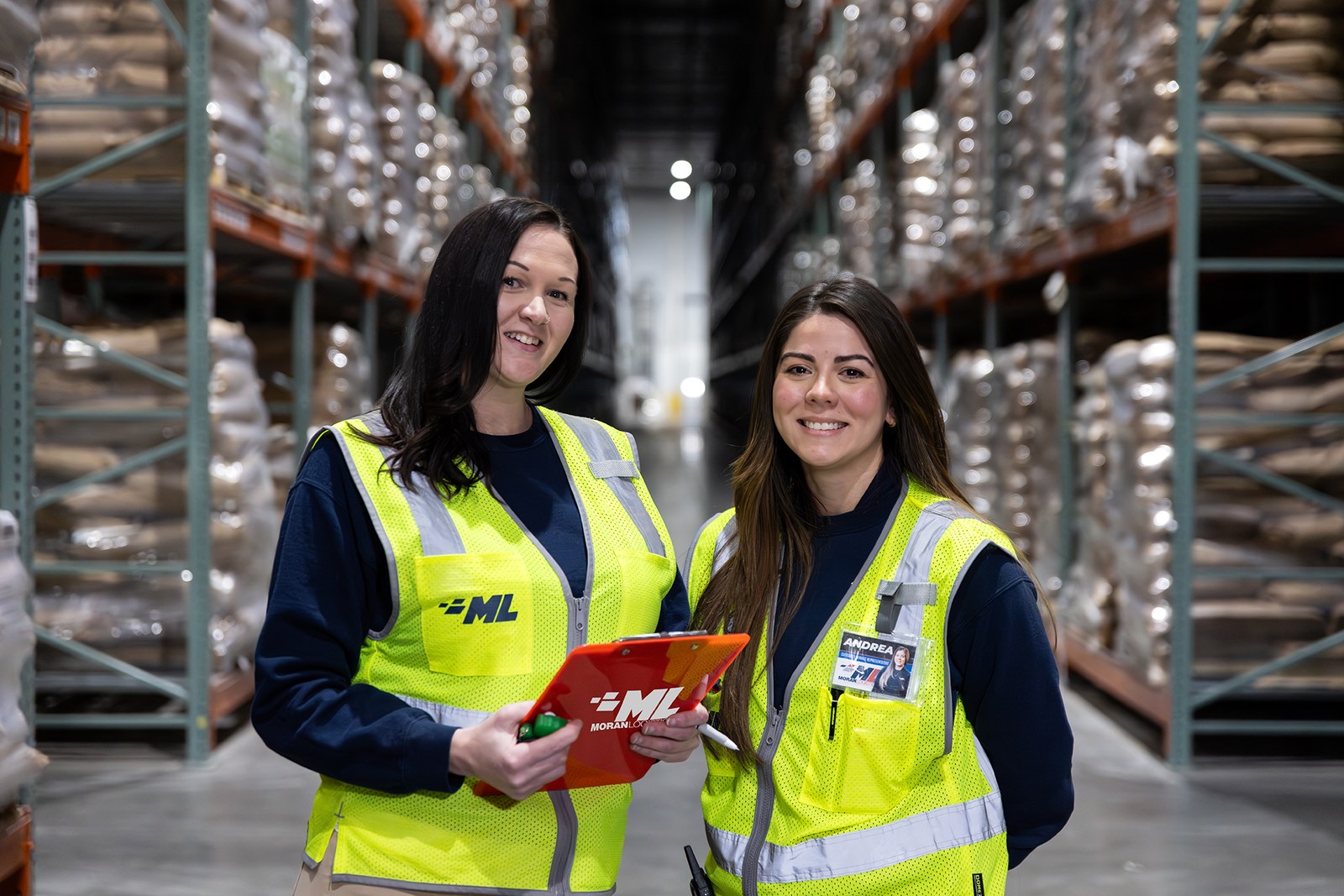 Kimberly Trout, left, with a colleague on the warehouse floor at Moran Logistics