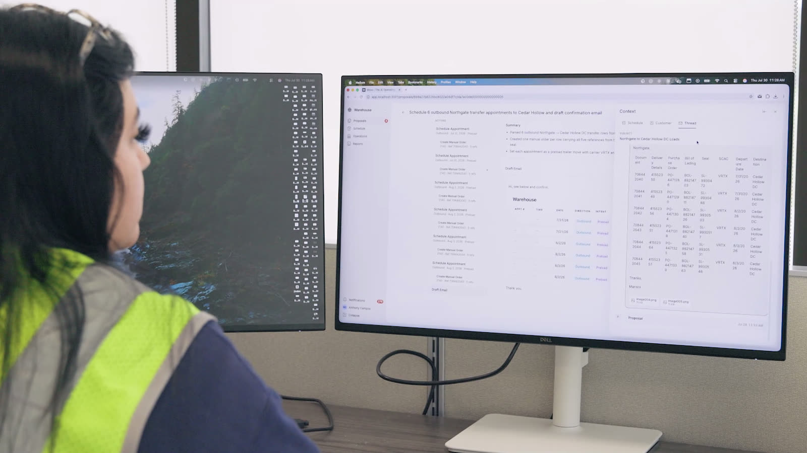 A customer service representative reviewing a drafted Conductor proposal beside the request it was read from