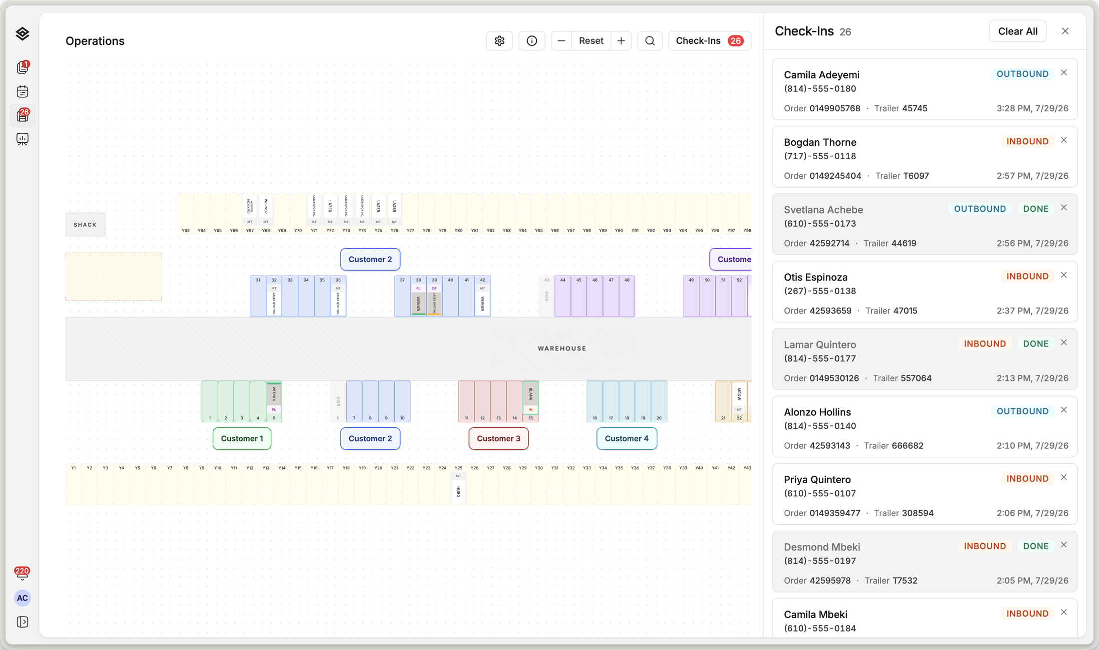 The Movo check-in queue, listing waiting drivers with their order and trailer numbers, inbound or outbound, and which are done