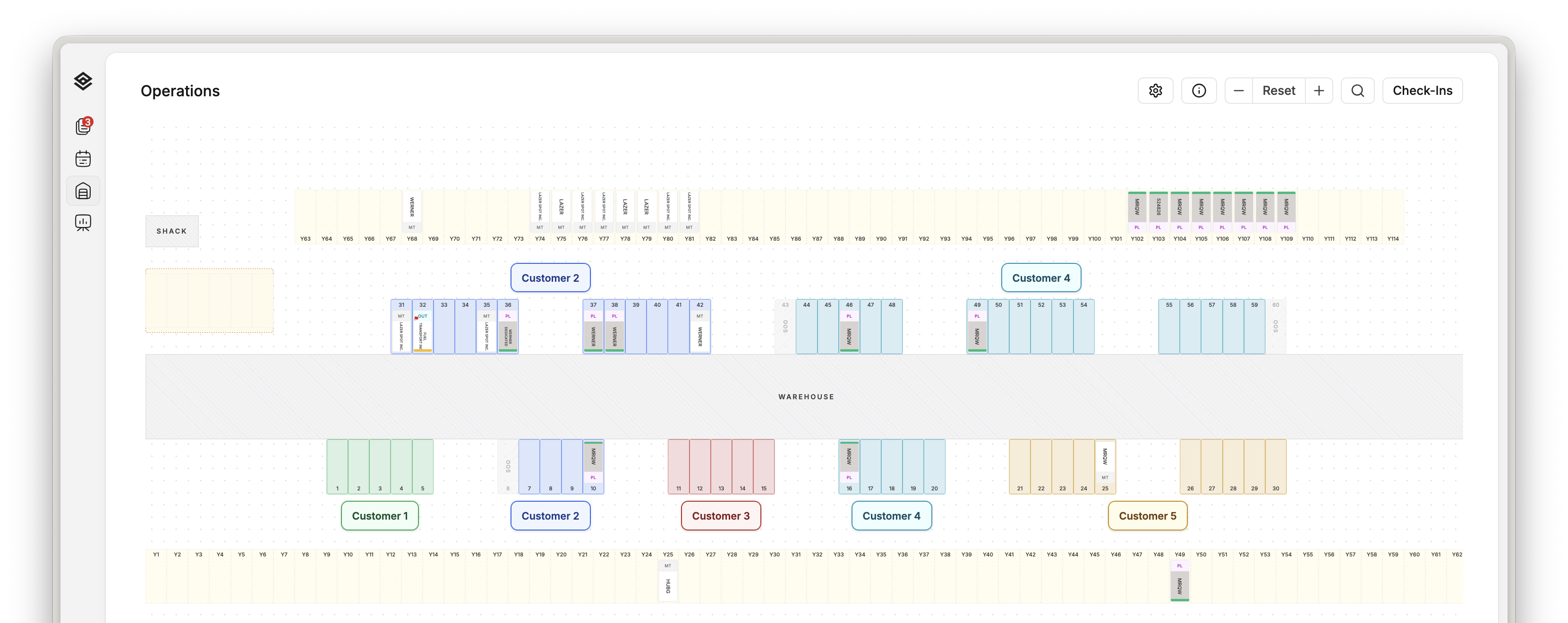 A Movo yard map with warehouse doors, trailer positions and customer zones