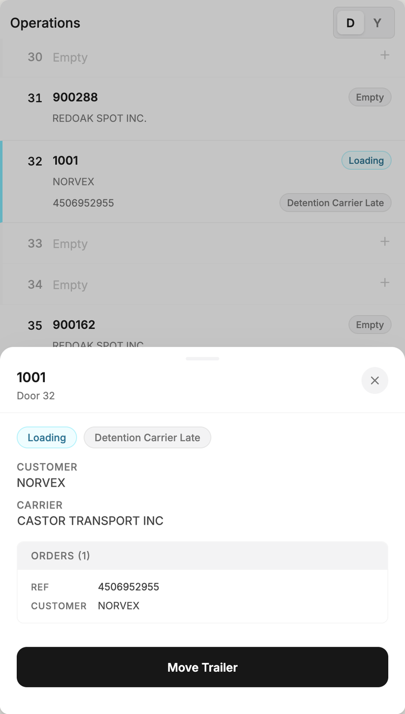 A trailer sheet open over the Movo door list on a phone, showing its state chips, customer, carrier, orders and a move trailer button