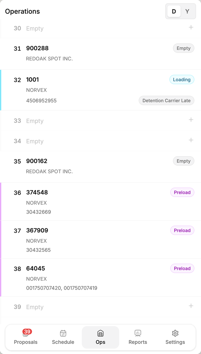 The Movo door list on a phone showing door number, trailer, customer and load state, with a detention flag on a late carrier
