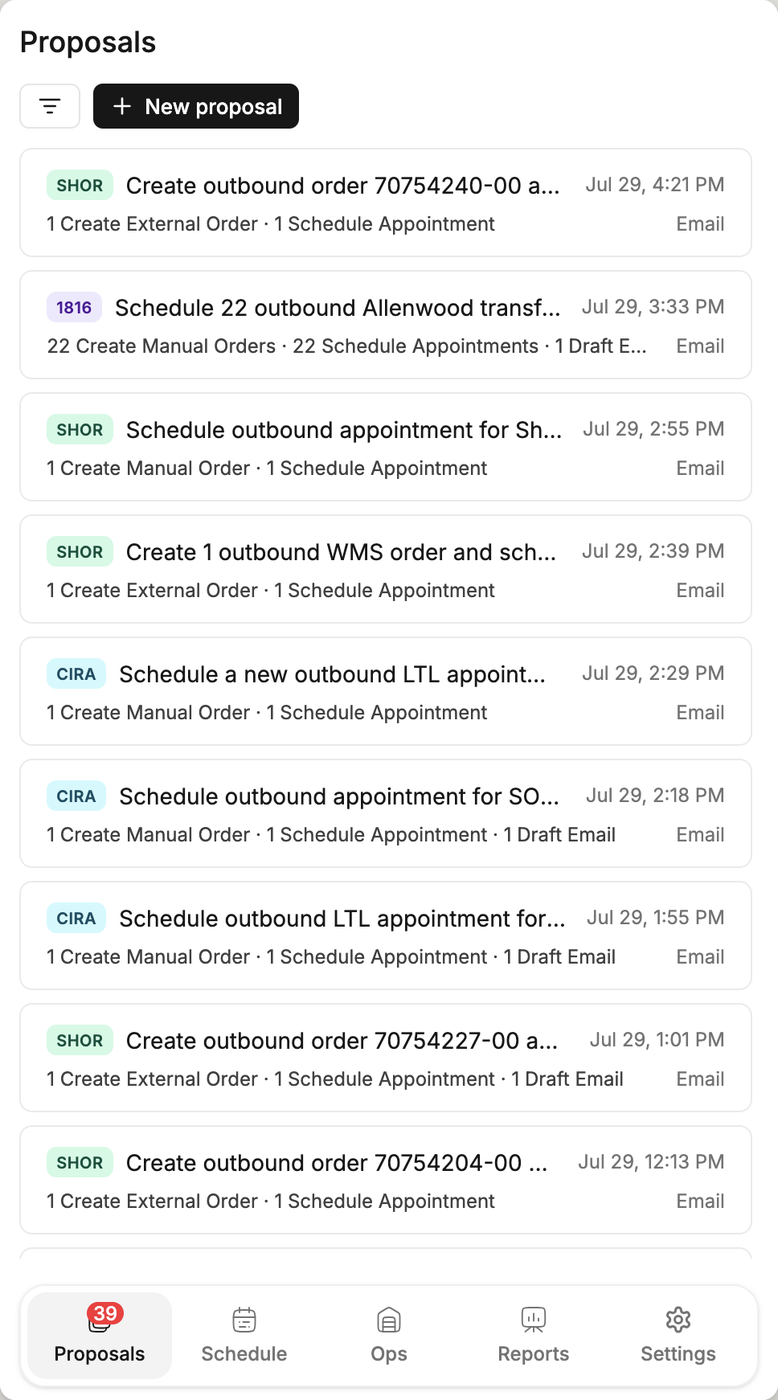 Conductor's proposal queue on a phone, each draft showing its customer, the orders and appointments it will create, and that it came from email