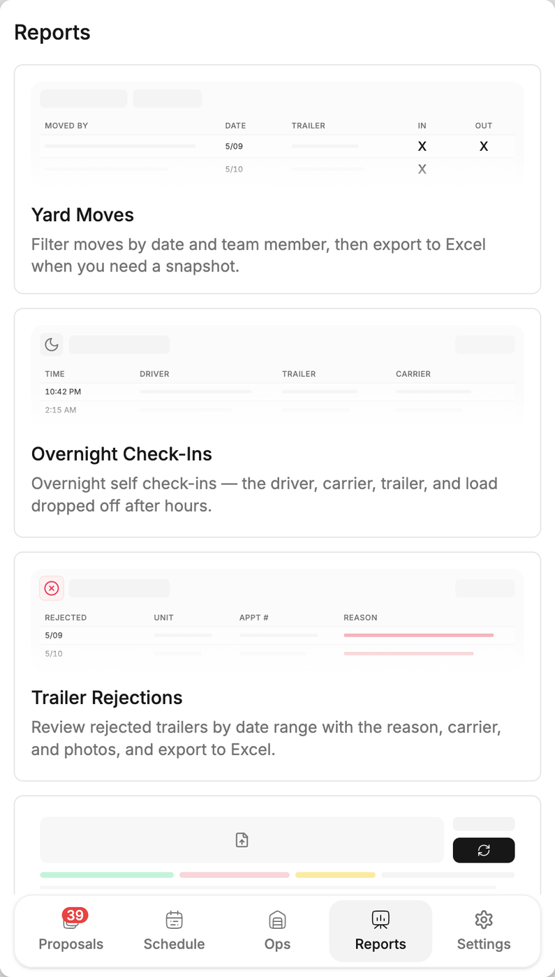 The Movo reports list on a phone: yard moves, overnight check-ins and trailer rejections, each with a preview and an export