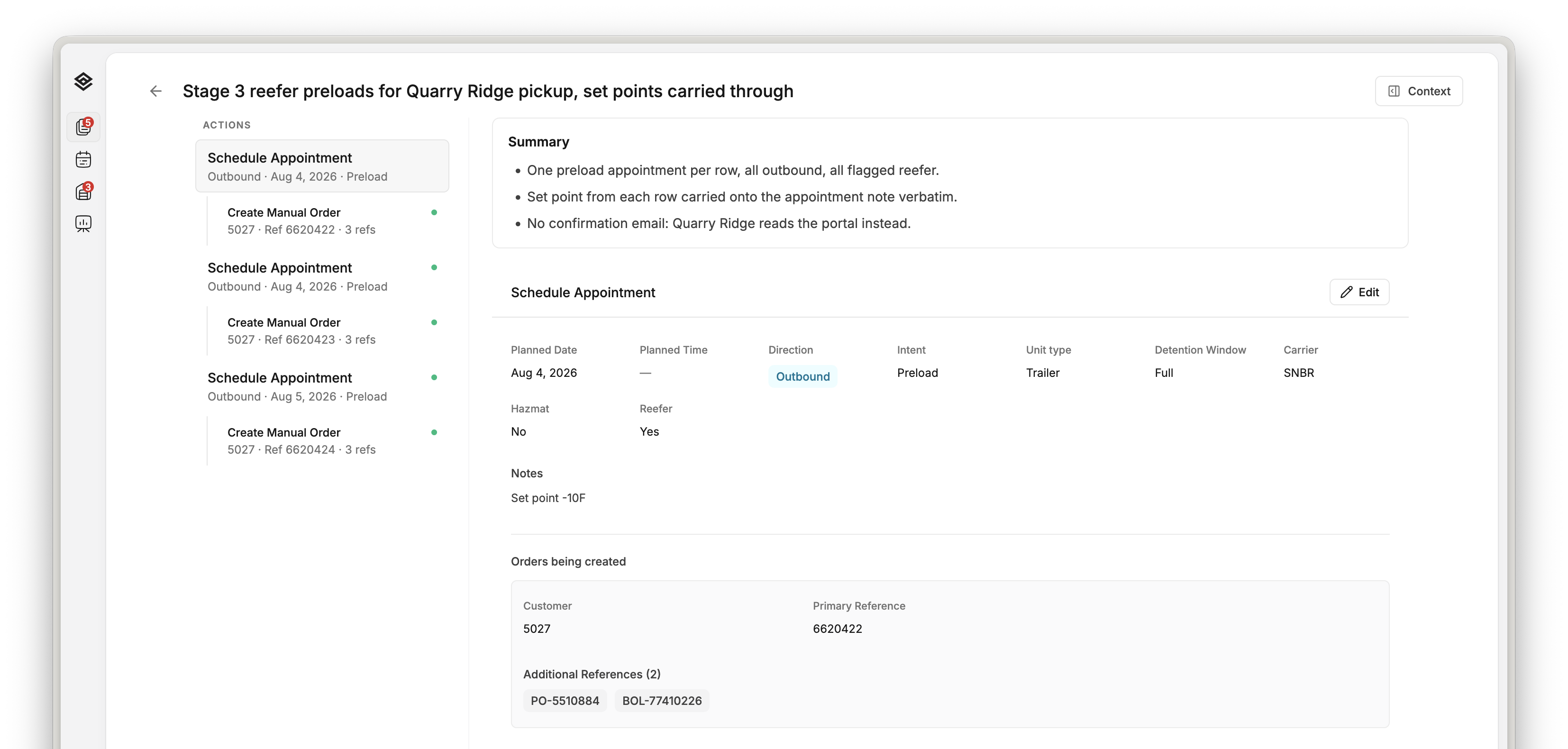 A Movo proposal open for review: three Schedule Appointment actions each with a nested Create Manual Order, beside the selected appointment’s date, direction, intent, unit type, detention window, carrier, reefer flag and note