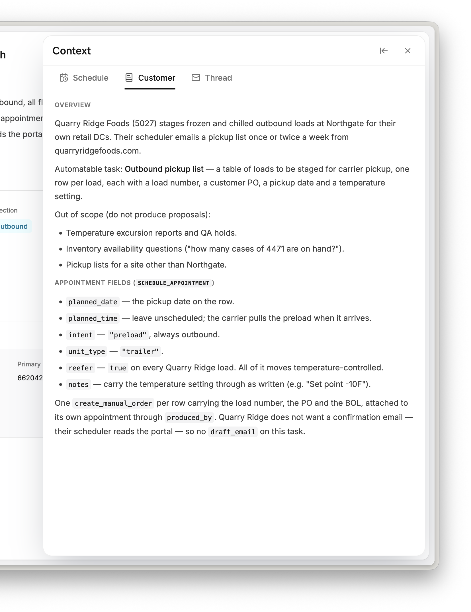 The Customer tab of a Movo proposal’s context panel: the account’s overview, the one automatable task, an out-of-scope list, and what each appointment field means for this customer