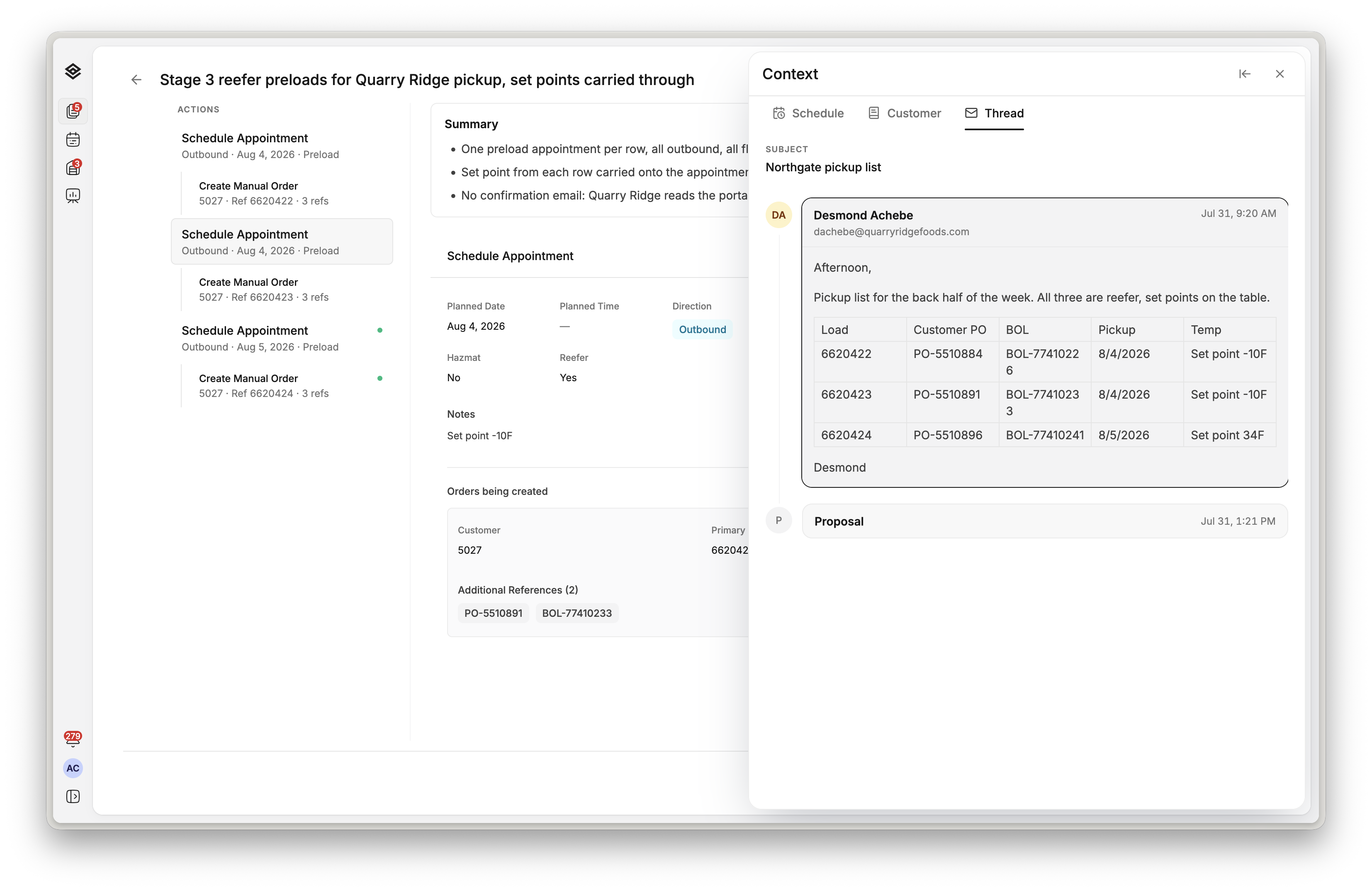 A Movo proposal open beside its context panel’s Thread tab, showing the scheduler’s pickup-list email with its table of loads, POs, BOLs, pickup dates and temperature set points