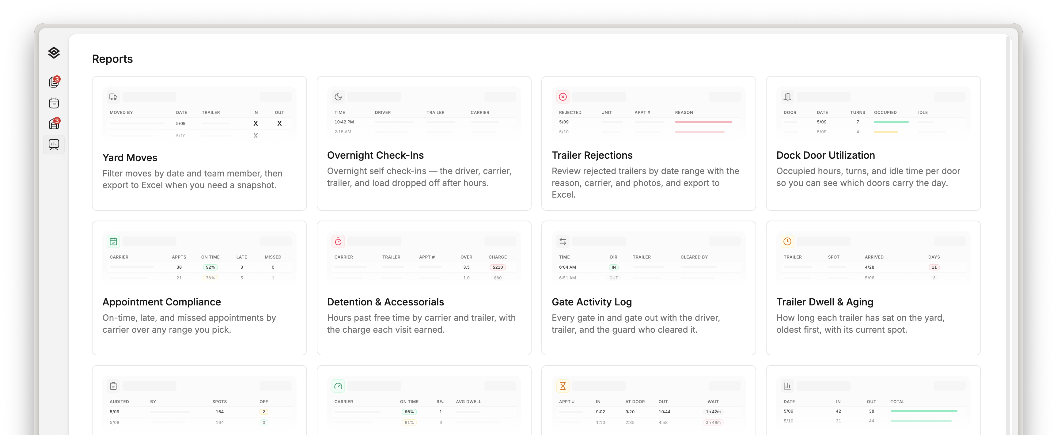 The Movo reports menu: yard moves, overnight check-ins, trailer rejections, dock door utilization, appointment compliance, detention, gate activity and more, each with a date range and an Excel export