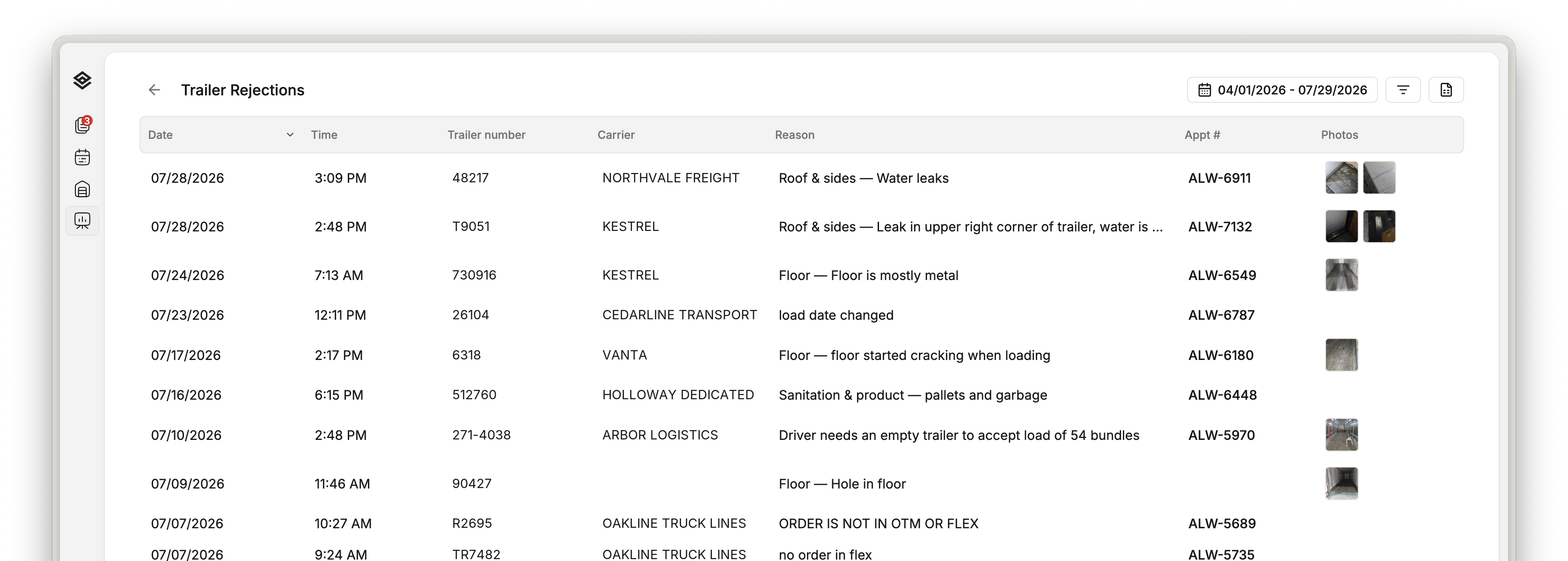 The Movo trailer rejections report: date, time, trailer number, carrier, reason, appointment number and photo thumbnails, newest first
