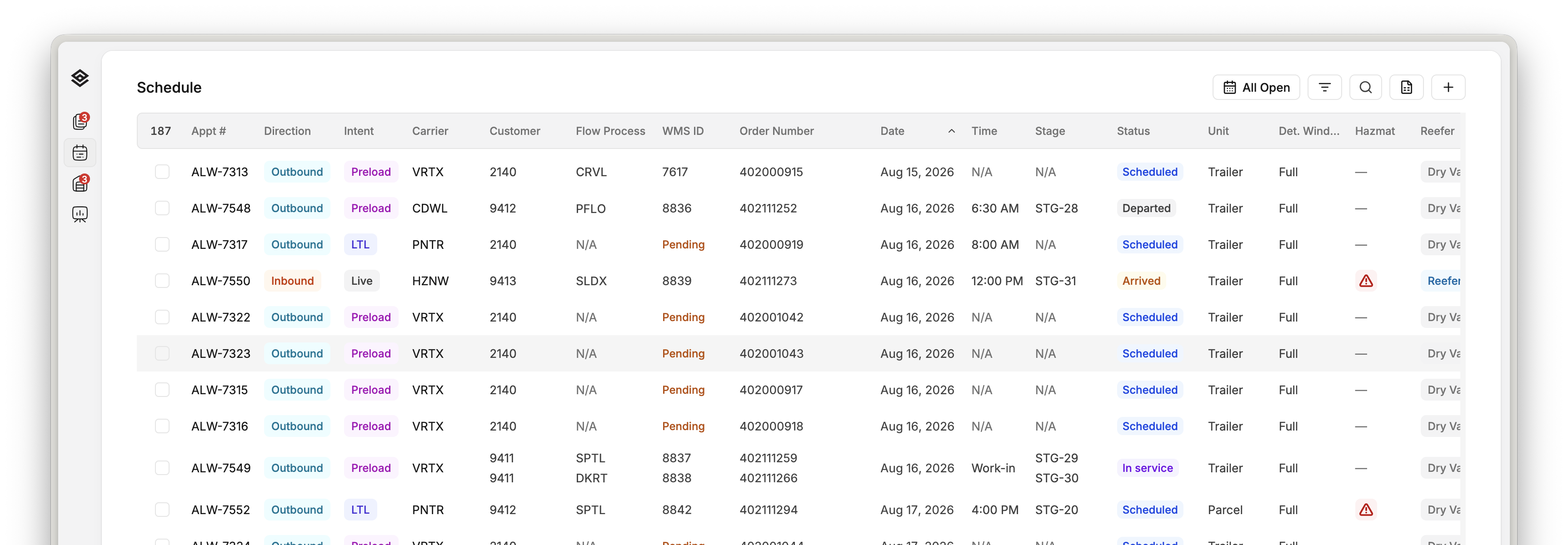 The Movo appointment board with freight, carrier, time and live status