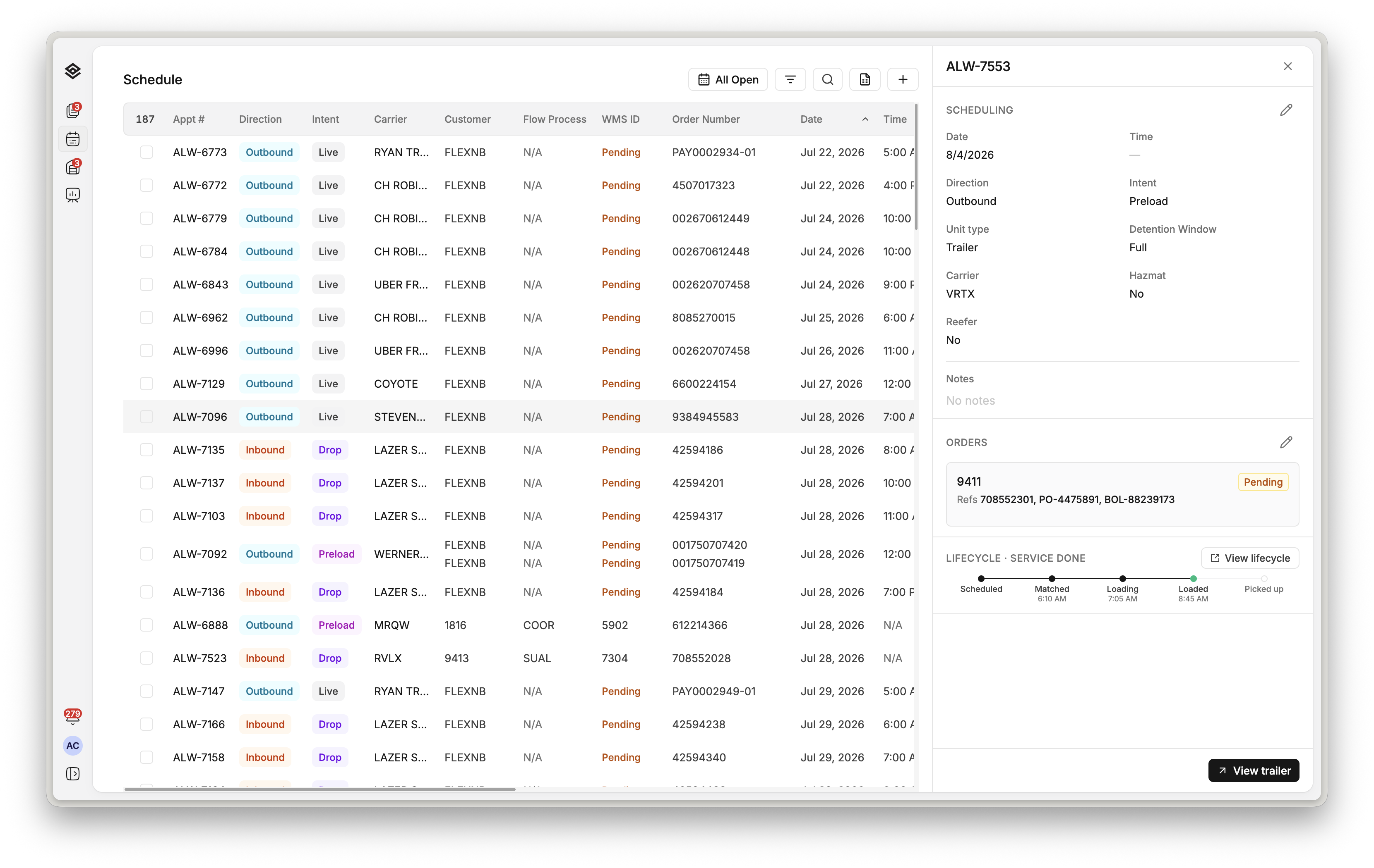 The Movo appointment board with one appointment open, showing its scheduling details, order and lifecycle