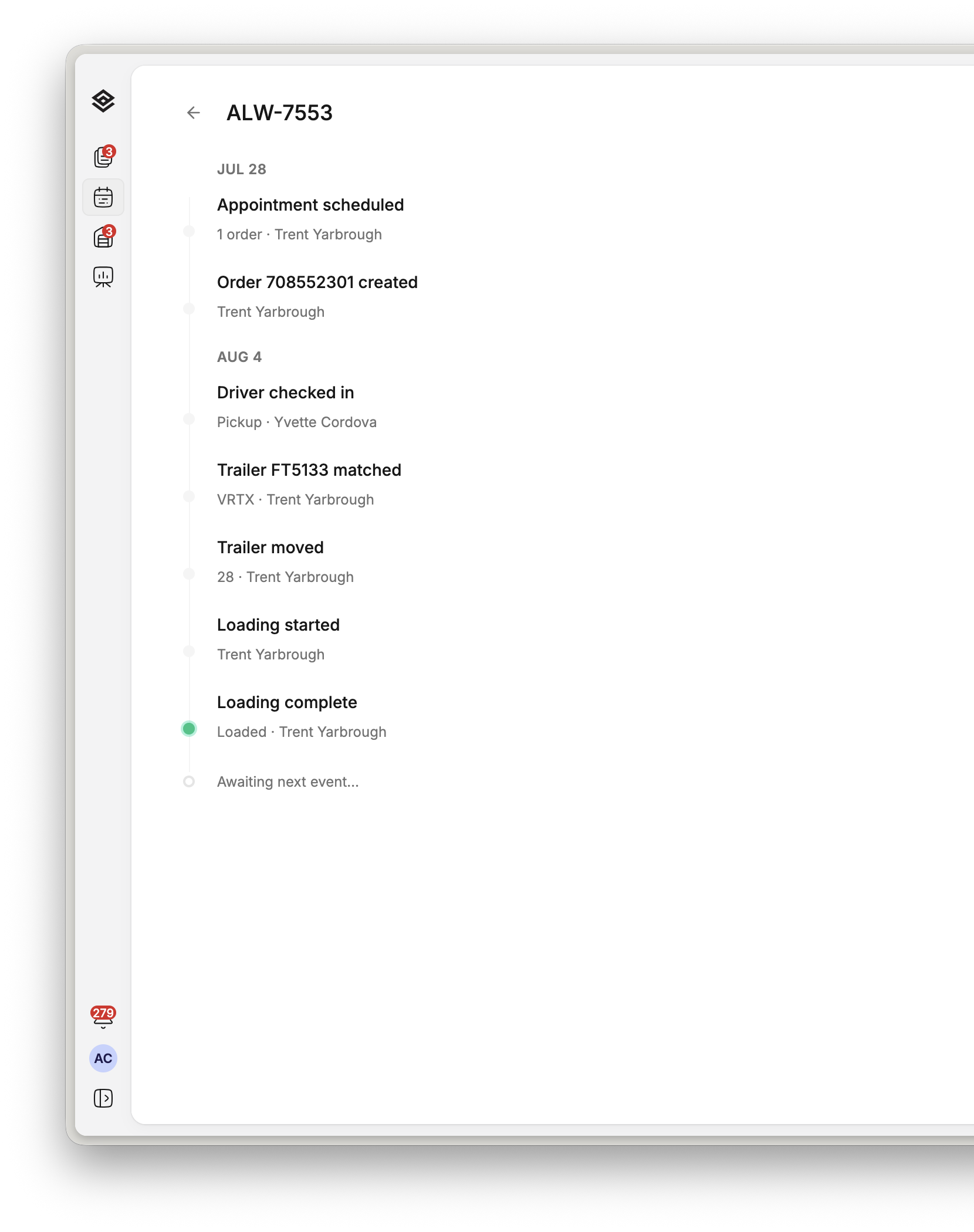 An appointment history in Movo: scheduled, order created, driver checked in, trailer matched, loading started, loading complete, each with an operator and a timestamp