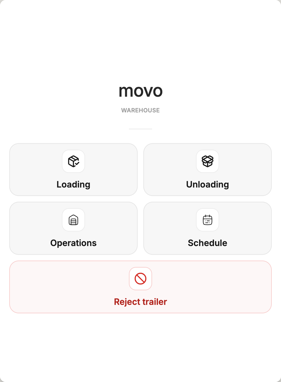 The Movo warehouse terminal home screen: Loading, Unloading, Operations and Schedule, with Reject trailer beneath them